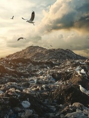 Poster - Seagulls soaring above a massive landfill with abundant waste and dramatic skies in the background. Generative AI