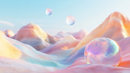 Wall Mural - Pastel mountainscape with iridescent bubbles.