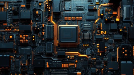 Poster - Close-up of a dark circuit board with orange accents. Illustrates technology, computing, and advanced electronics.