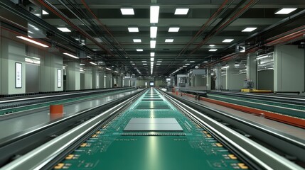 Poster - Modern factory assembly line with circuit boards. Illustrates high-tech manufacturing and automation.