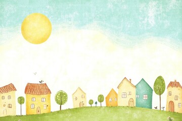 Poster - Charming naive art depicting colorful houses under a bright sun with a serene landscape for creative expression. Generative AI