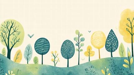 Poster - Colorful naive art style forest background with ample copy space for text. Generative AI