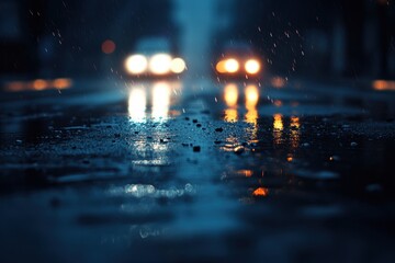 Poster - Bright car lights streaking through a wet night road creating patterns in the dark atmosphere. Generative AI