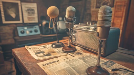 Poster - Vintage microphones and radio on wooden desk.