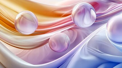 Poster - Abstract pastel spheres floating over silky waves, fluid dynamics concept