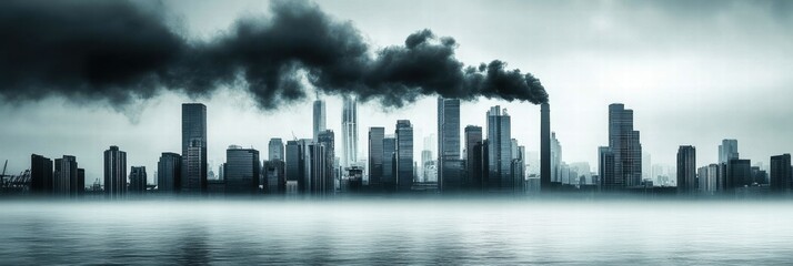 Poster - Industrial chimneys release thick black smoke into the overcast sky above the city skyline near the water at dawn. Generative AI