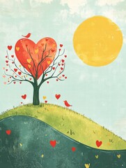 Aufkleber - Whimsical Valentines Day design featuring a heart shaped tree under the sun with playful birds and hearts. Generative AI