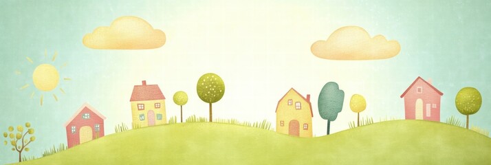 Poster - Charming landscape featuring colorful houses and trees in a naive art style with ample space for text and creativity. Generative AI