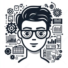 Poster - Young man's head with surrounding icons representing technology, data analysis, and planning.
