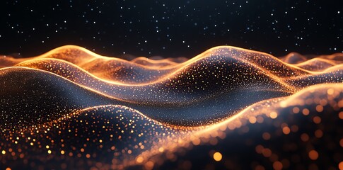 Poster - Abstract digital landscape with glowing waves and particles against a starry background.