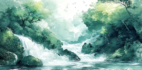 Aufkleber - A serene landscape featuring a waterfall amidst lush greenery and gentle flowing water.