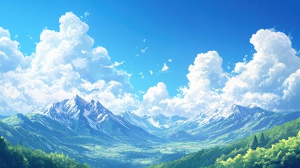 Poster - Majestic mountain peaks rise against a bright blue sky with fluffy clouds in a serene landscape with ample copy space. Generative AI