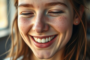 Wall Mural - Happy Young Woman with Freckles and Bright Smile in Natural Light