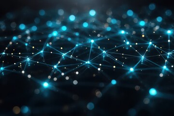 Fototapete - Abstract Digital Network Background with Bright Blue Nodes and Interconnected Lines Creating a Sense of Depth and Complexity in Technology and Innovation Themes