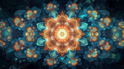 Poster - A vibrant, intricate mandala design featuring floral patterns and glowing elements.