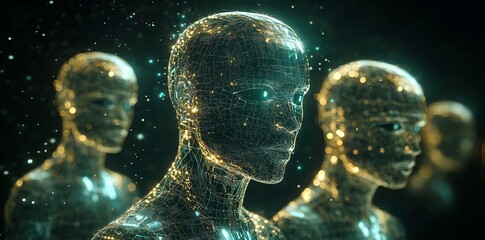 Poster - Futuristic humanoid figures made of glowing wireframe, suggesting advanced technology.