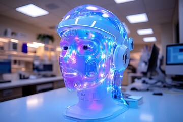 Poster - Futuristic Headgear Design with LED Lights for Advanced Technology in Laboratory Setting, Representing Innovation and Modern Science in Research Environments