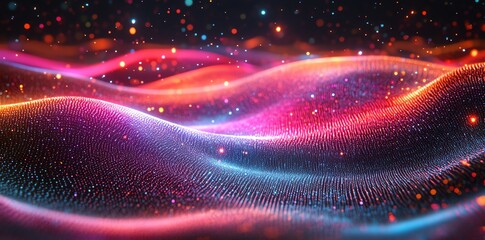 Aufkleber - Abstract digital waves with vibrant colors and glowing particles.