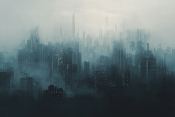 Poster - Dense smog envelops a sprawling city skyline, obscuring buildings and creating a surreal atmosphere during the early morning hours. Generative AI