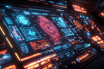 Fototapete - Futuristic control panel displaying data and visualizations with glowing elements.