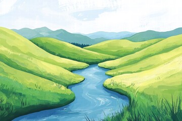 Aufkleber - Natural landscape with rolling green hills and winding river under clear sky, ideal for creative projects and text placement. Generative AI