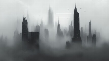 Aufkleber - Dense smog covers sprawling city skyline, obscuring buildings and creating a mysterious atmosphere during twilight hours. Generative AI