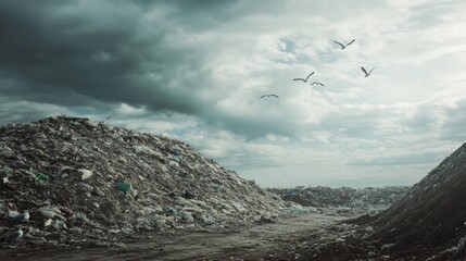 Poster - Seagulls soaring over a massive landfill under a moody sky with ample space for text presentation. Generative AI