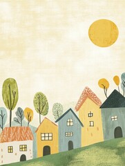 Poster - Colorful naive art style village scene with whimsical houses under a sunny sky and space for text. Generative AI