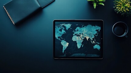 Fototapete - Modern flat lay featuring a tablet with a world map and a clean workspace for text placement and creative ideas. Generative AI