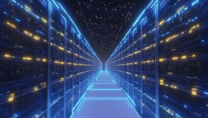 Poster - Futuristic server room corridor with glowing blue and orange lights.