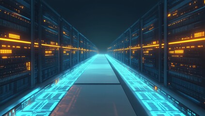 Poster - Futuristic server room corridor with glowing lights.