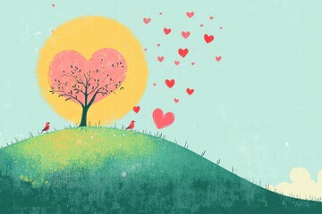 Aufkleber - Whimsical Valentines Day design featuring a heart tree and love birds with ample space for text. Generative AI