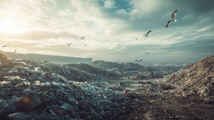 Poster - Seagulls soar over a sprawling landfill in a cloudy sky, creating a stark contrast with urban waste below. Generative AI