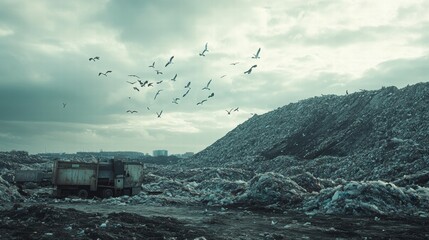 Poster - Massive landfill with seagulls flying above under a gray sky at dusk near urban area. Generative AI