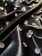 Poster - Sparkling diamonds scattered on black satin fabric with ample space for text and design elements. Generative AI