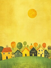 Poster - Naive art style village landscape with colorful houses and bright sun on a warm yellow background. Generative AI