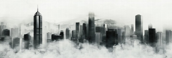 Poster - Dense smog covers a sprawling city skyline, obscuring buildings and creating a mysterious atmosphere in the urban landscape. Generative AI