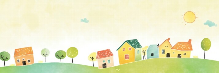 Poster - Colorful naive art style background with charming houses and trees in a serene landscape. Generative AI