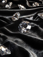Aufkleber - Large sparkling diamonds on a rich black fabric background with plenty of copy space for a text mock up. Generative AI