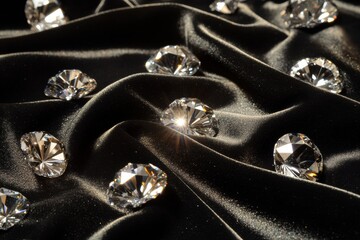 Aufkleber - Large sparkling diamonds elegantly arranged on soft black fabric with space for text creation and mock up. Generative AI
