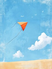 Aufkleber - Colorful kite soaring in a clear blue sky with fluffy clouds and copy space for creative text. Generative AI