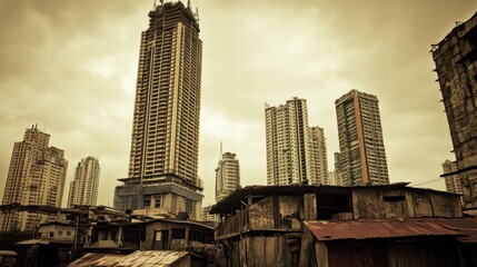 Aufkleber - Skyscraper contrasts with rundown shacks in urban landscape showcasing economic disparity. Generative AI