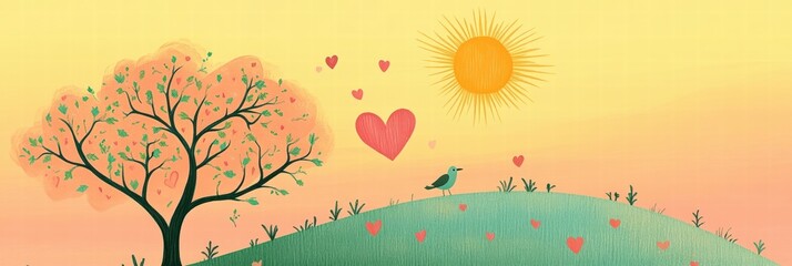 Aufkleber - Whimsical hand drawn Valentines Day design featuring hearts, a tree, and a bird on a sunny hillside. Generative AI
