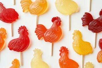 Aufkleber - Vibrant rooster shaped lollipops arranged with ample space for text and marketing purposes. Generative AI