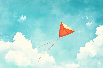 Aufkleber - Colorful kite soaring through a blue sky with white fluffy clouds, creating a joyful scene perfect for cheerful moments. Generative AI