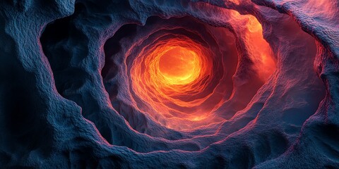 Poster - A vibrant, abstract representation of a swirling, fiery tunnel with textured surfaces.