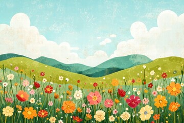 Poster - Colorful naive art style landscape featuring flowers, hills, and a bright sky with clouds. Generative AI