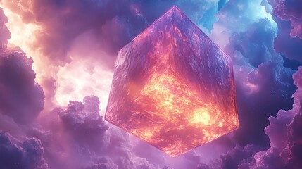 Poster - A glowing, abstract cube suspended in a vibrant, cloud-filled sky.
