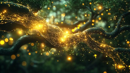 Aufkleber - A glowing, magical tree branch surrounded by ethereal lights in a mystical forest setting.