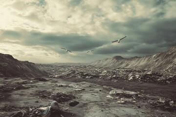 Poster - Massive landfill with seagulls flying in a cloudy sky at sunset, suitable for adding custom text or message. Generative AI